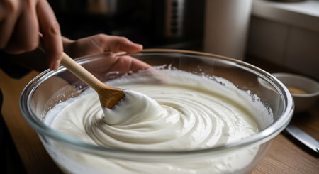 Close-up of female hands mixing whipped cream in a glass bowlの素材