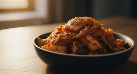 Warm evening sunlight highlighting a bowl of freshly seasoned napa cabbage kimchi placed on a wooden tableの素材