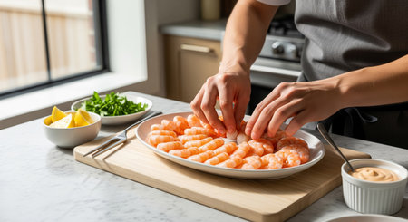 Woman cooking shrimps on plate at table in kitchen, closeupの素材