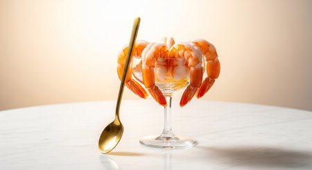 Shrimp cocktail in glass with spoon on white table and light backgroundの素材
