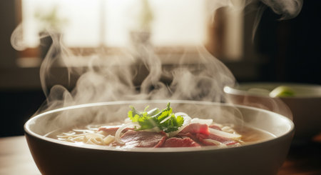 A soft backlit view of hot steaming pho topped with sliced beef cilantro and onions creating a warm atmospheric moodの素材