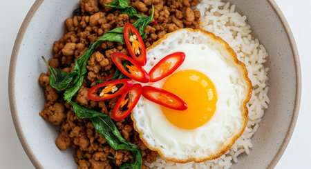 Fried pork with basil and fried egg in a bowl on white backgroundの素材