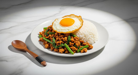 Rice with stir-fried pork and fried egg on white plateの素材