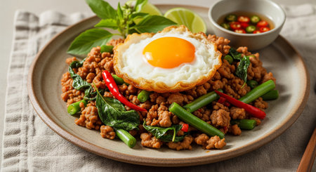 Stir-fried minced pork with basil and fried egg on plateの素材