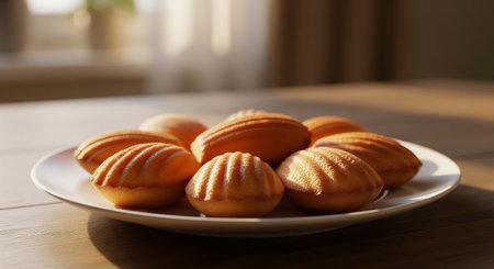 cookies on a white plate on a wooden table in the kitchenの素材