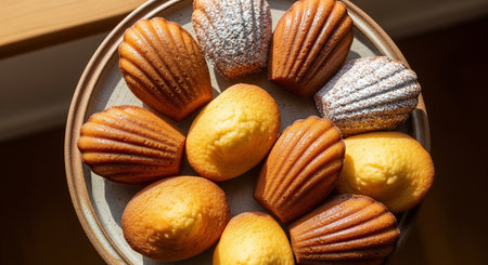 Homemade muffins on a plate, close-up, top viewの素材