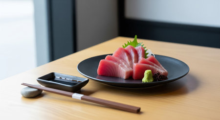 Tuna sashimi on black plate with chopsticks on wooden tableの素材