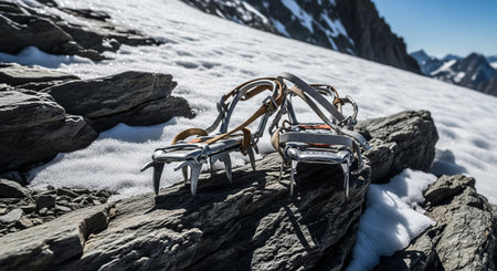 Climbing mountaineering equipment on the rocks in the Alpsの素材