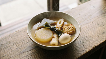 Japanese miso soup in a bowl on wooden table, stock photoの素材
