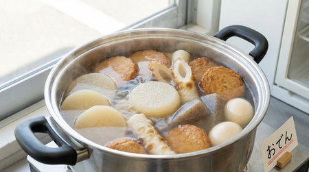 Pot of hot pot with dumplings on the table in the kitchenの素材