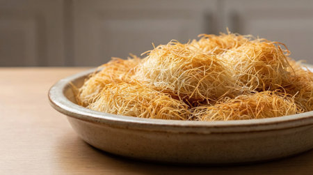 Baklava in a bowl on a wooden table. Selective focus.の素材