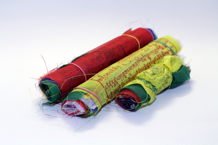 Translation: The colorful Tibetan Nepal Buddhism prayer flags. It has mantra on it.の写真素材