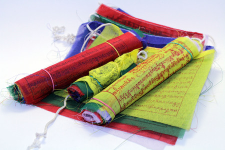Translation: The colorful Tibetan Nepal Buddhism prayer flags. It has mantra on it.の写真素材