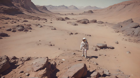 Astronaut in the middle of the desert. Retro style.