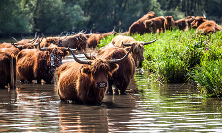 Stock Photo: Scottish cattle or cows water Biesbosch National Park in the Netherlandsの写真素材