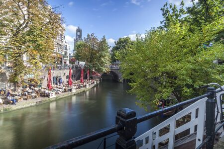 Canals in Utrecht with the Cathedral in the backgroundのeditorial素材