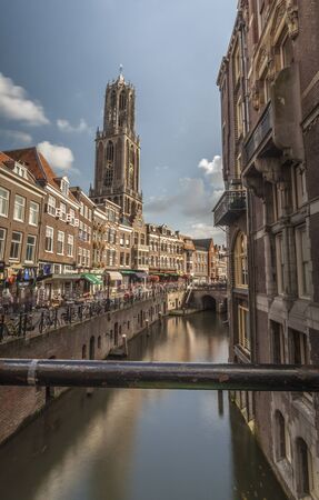 Canals in Utrecht with the Cathedral in the backgroundのeditorial素材