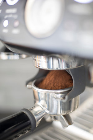 Fresh grinder cafe beans in a piston