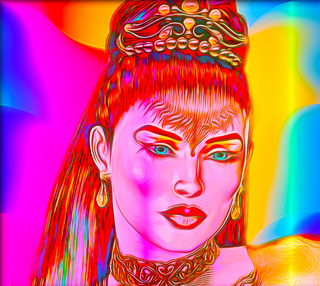 Abstract digital art image of a woman's face close up on a colorful textured background.の写真素材