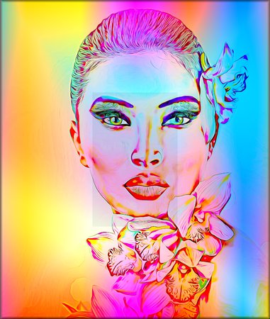 Beautiful Girl With Orchid Flowers. Abstract digital art of floral and woman's face combined in a colorful gradient to create a modern digital art piece.の写真素材