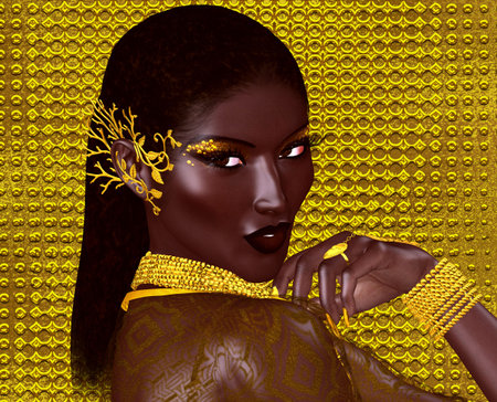 A beautiful young African woman wearing gold jewelry against a gold abstract background. A unique digital art creation of fashion and beauty.の写真素材