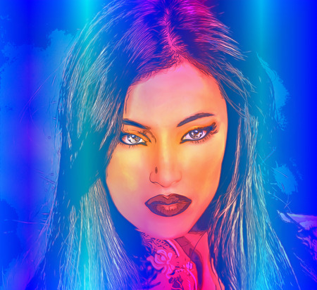 Brunette woman in a beautiful abstract digital art style.の写真素材