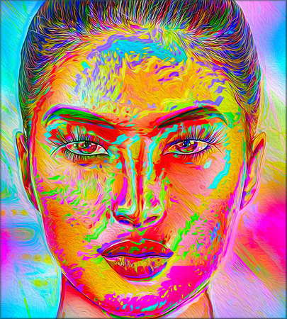 Colorful pop art image of a woman's face. This is a digital art image of a close up woman's face in pop art style.の写真素材