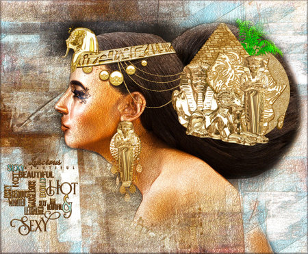 Egyptian woman, beautiful fantasy digital art scene with pyramid, sphinx, uraeus exuding the beauty,wealth and uniqueness of Egypt!の写真素材