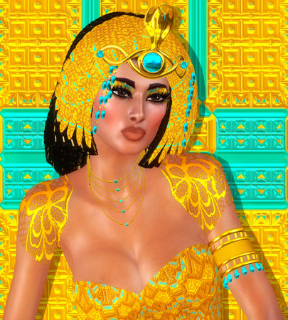 Egyptian woman, beads, beauty and gold in our digital art fantasy scene. Perfect for Egyptian, fantasy and diversity themed projects plus more. It's a 3d render too, so no worries about any model releases!の写真素材