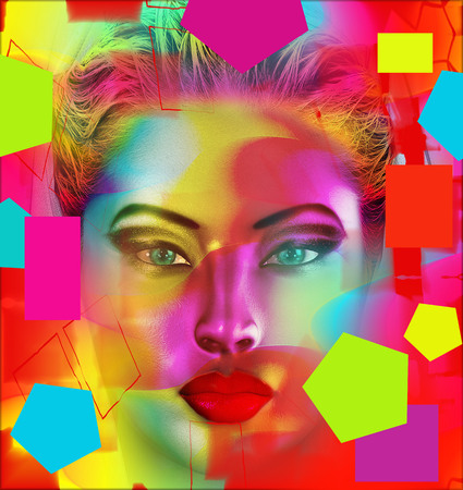 Modern digital art image of a woman's face, close up with colorful abstract background.  Perfect for themes of art, fashion, youth, fun, self expression and more, plus it's a 3d render so no worries about any model releases!の写真素材