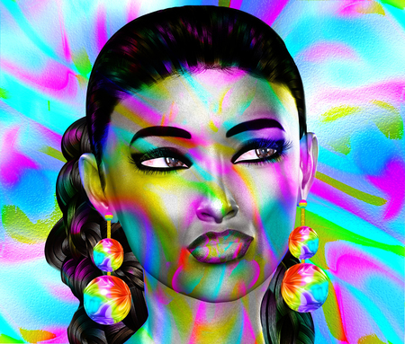 Colorful pop art image of woman's face. This is a 3d rendered digital art image of a close up woman's face in pop art style. A modern, abstract, punk look that's sexy and confident.の写真素材