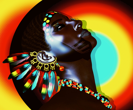 Beautiful African women on colorful abstract background with feather earrings and accessories. Our 3d models are perfect for your work with diversity, beauty, fashion and moreの写真素材