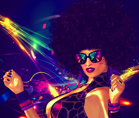 Vintage, retro, 80 's disco dancer girl with Afro hair style. Sexy, high energy image for entertainment, clubbing and night life themes.の写真素材