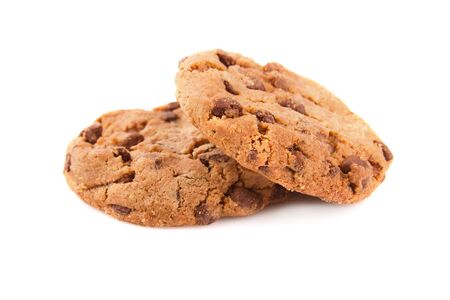 two chocolate cookies closeup on a white backgroundの写真素材