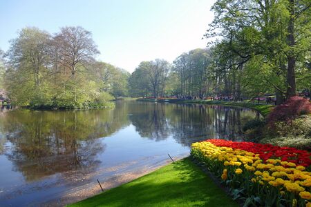 large pond in a city park on a sunny spring dayの写真素材