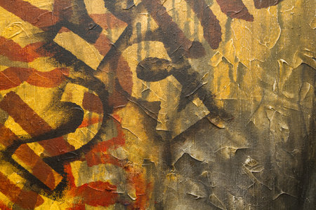 Imprints of numbers on a yellow-gray background. Abstract acrylic painting on canvas. Hand drawing...