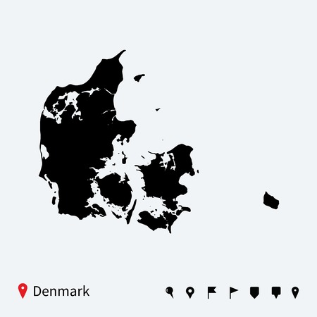 High detailed vector map of Denmark with navigation pins 