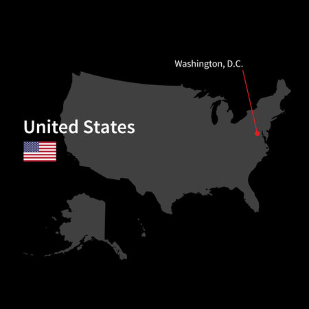 Detailed map of United States and capital city Washington with flag on black backgroundのイラスト素材
