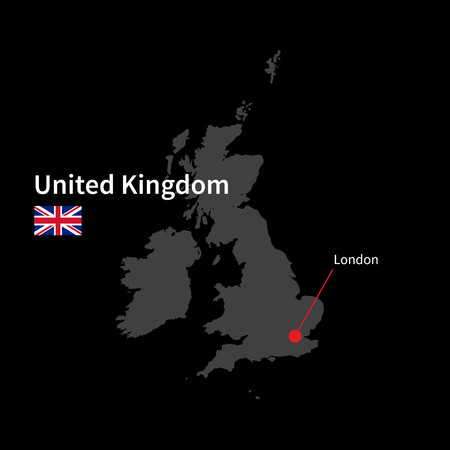 Detailed map of United Kingdom and capital city London with flag on black backgroundのイラスト素材