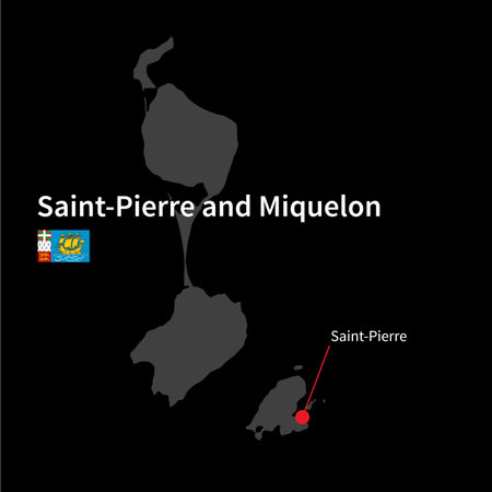 Detailed map of Saint-Pierre and Miquelon and capital city Saint-Pierre with flag on black backgroundのイラスト素材