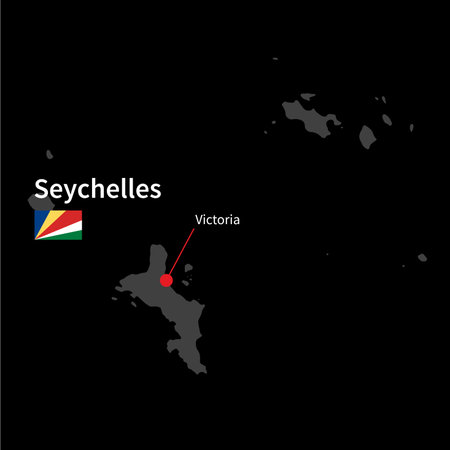 Detailed map of Seychelles and capital city Victoria with flag on black backgroundのイラスト素材