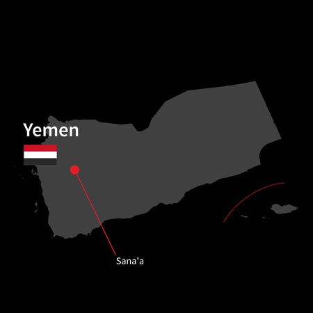 Detailed map of Yemen and capital city Sanaa with flag on black backgroundのイラスト素材