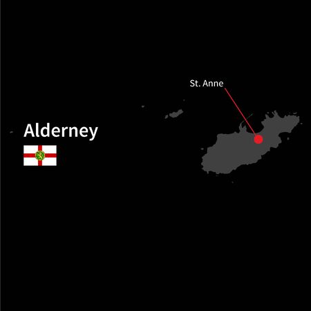 Detailed map of Alderney and capital city St. Anne with flag on black backgroundのイラスト素材
