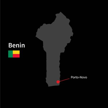 Detailed map of Benin and capital city Porto-Novo with flag on black backgroundのイラスト素材