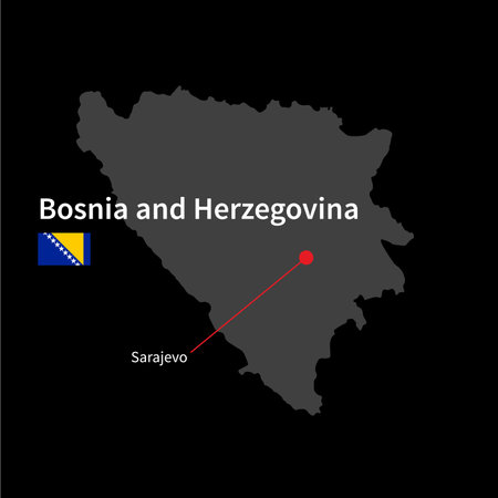 Detailed map of Bosnia and Herzegovina and capital city Sarajevo with flag on black backgroundのイラスト素材