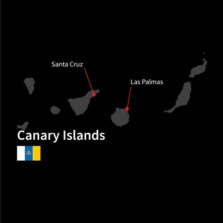 Detailed map of Canary Islands and capital city Santa Cruz with flag on black backgroundのイラスト素材