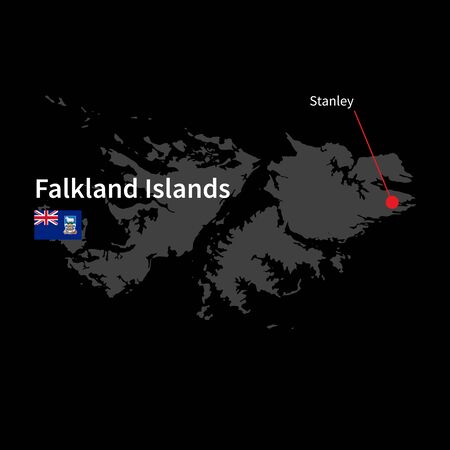 Detailed map of Falkland Islands and capital city Stanley with flag on black backgroundのイラスト素材