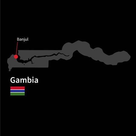 Detailed map of Gambia and capital city Banjul with flag on black backgroundのイラスト素材