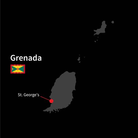Detailed map of Grenada and capital city St. Georges with flag on black backgroundのイラスト素材