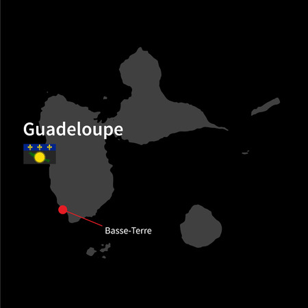 Detailed map of Guadeloupe and capital city Basse-Terre with flag on black backgroundのイラスト素材